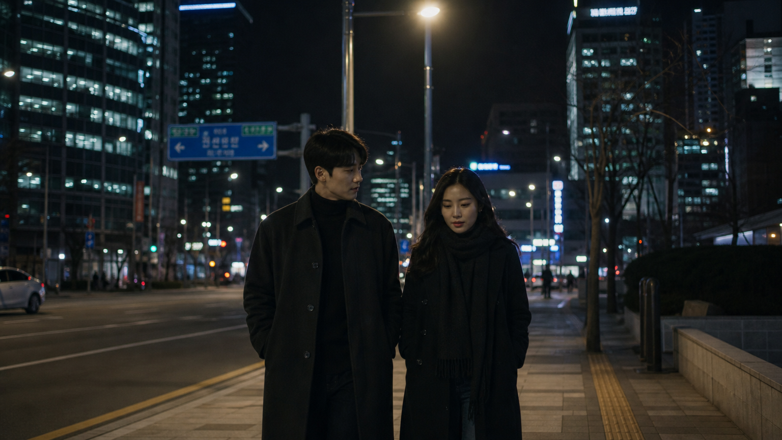 야경 속에서 함께 걷고 있는 두 사람