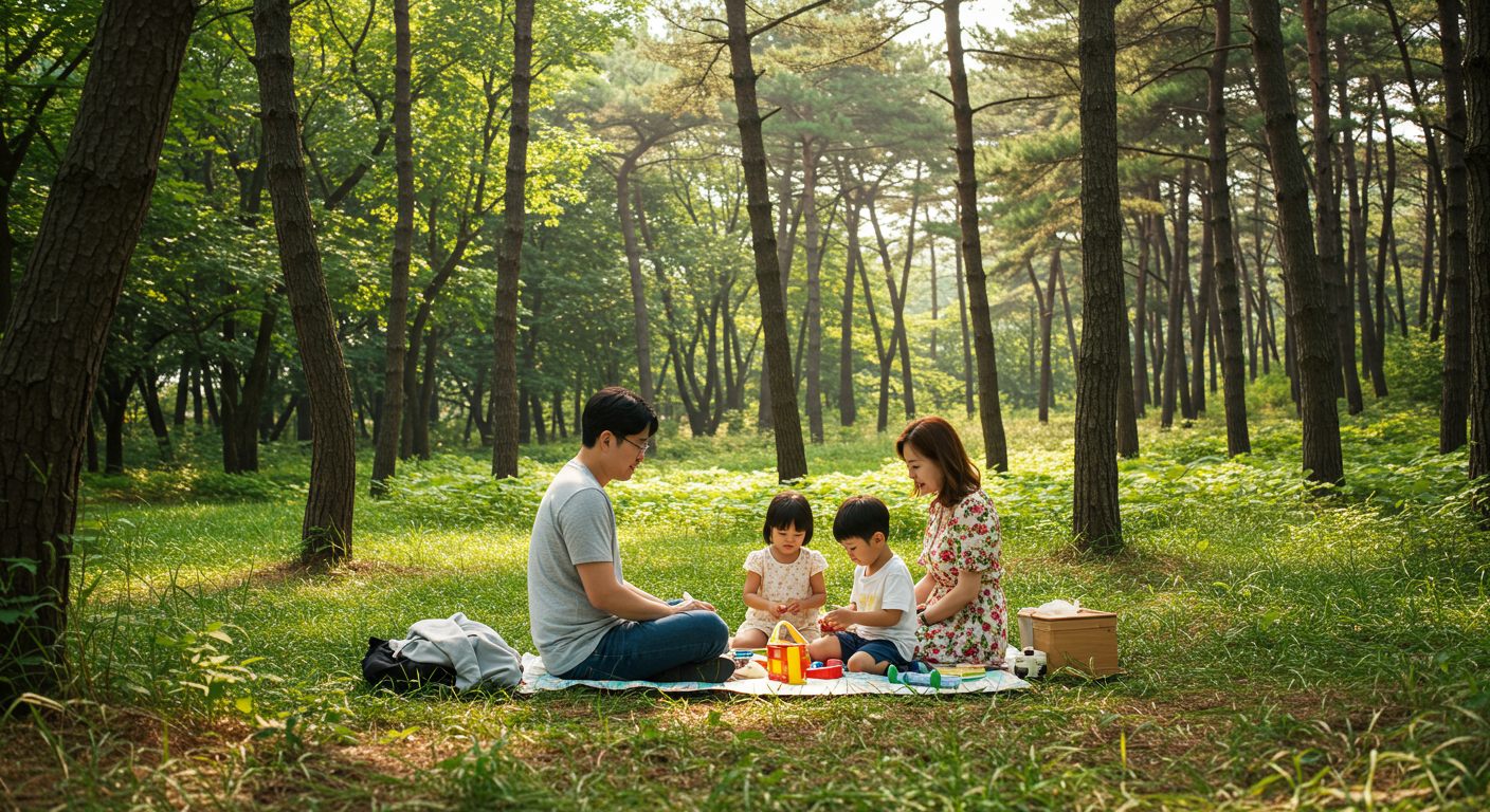 푸른 하늘 아래 숲속에서 여유롭게 쉬고 있는 현대적 가족의 모습