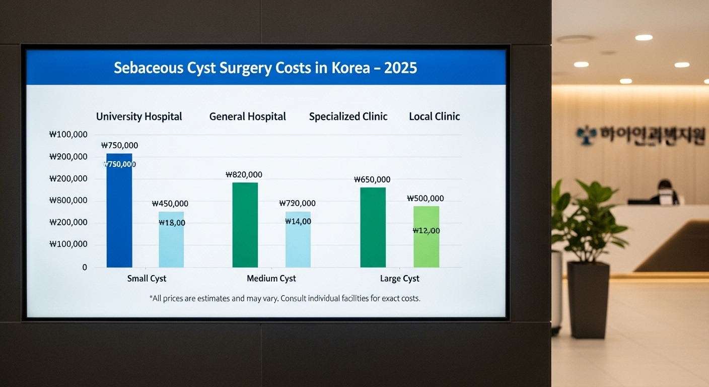 한국 내 다양한 의료 시설에서의 피지낭종 수술 비용 차트를 보여주는 이미지