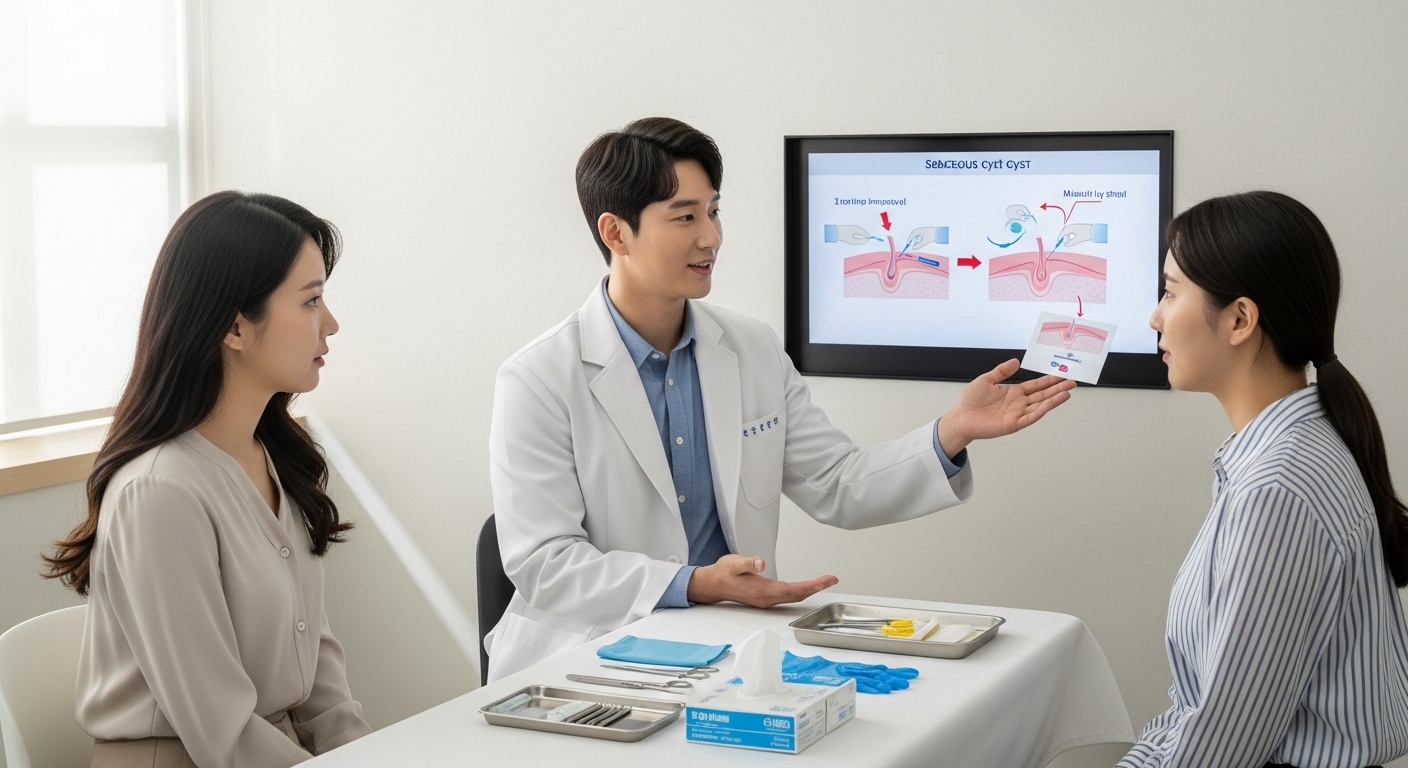 검사실에서 환자에게 피지낭종 제거 절차를 설명하는 의사의 모습