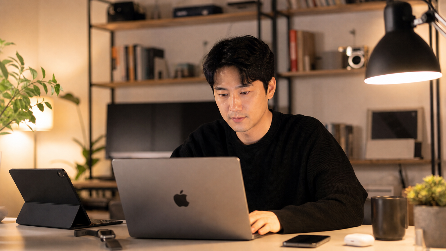 현대적인 한국 남성이 집에서 노트북을 보며 전자기기에 집중하는 모습