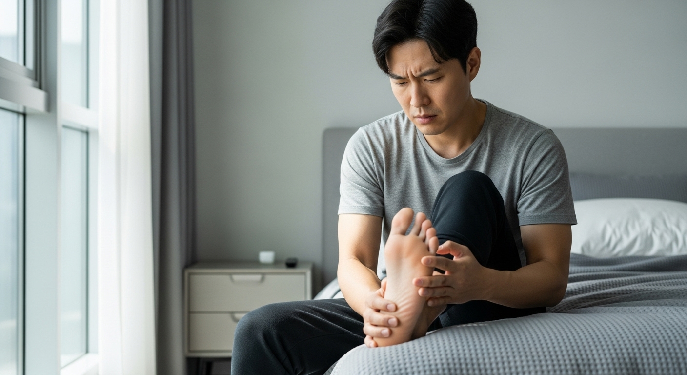 발가락 상태를 살피는 남성의 모습