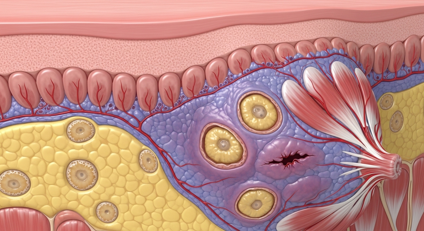 가슴 조직의 단면도와 지방괴사 발생 과정 설명