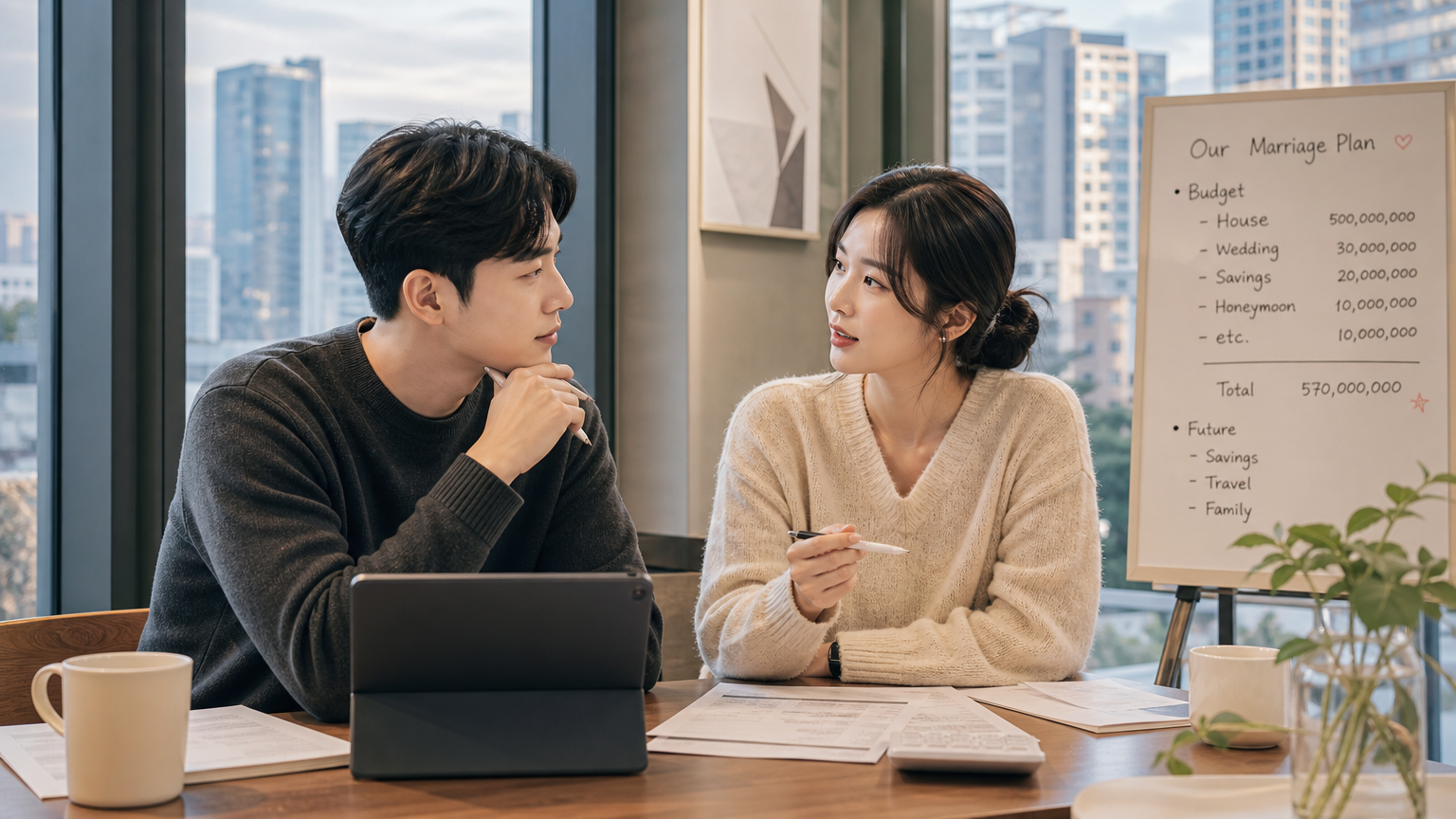 젊은 커플이 도시에서 결혼 계획을 논의하는 모습