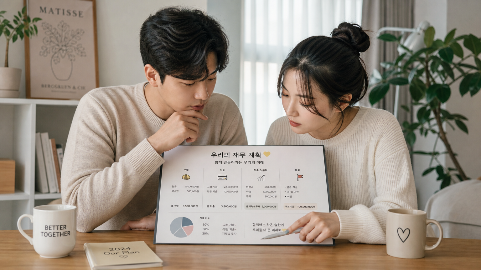 재정 계획 차트를 보는 한국 밀레니얼 세대