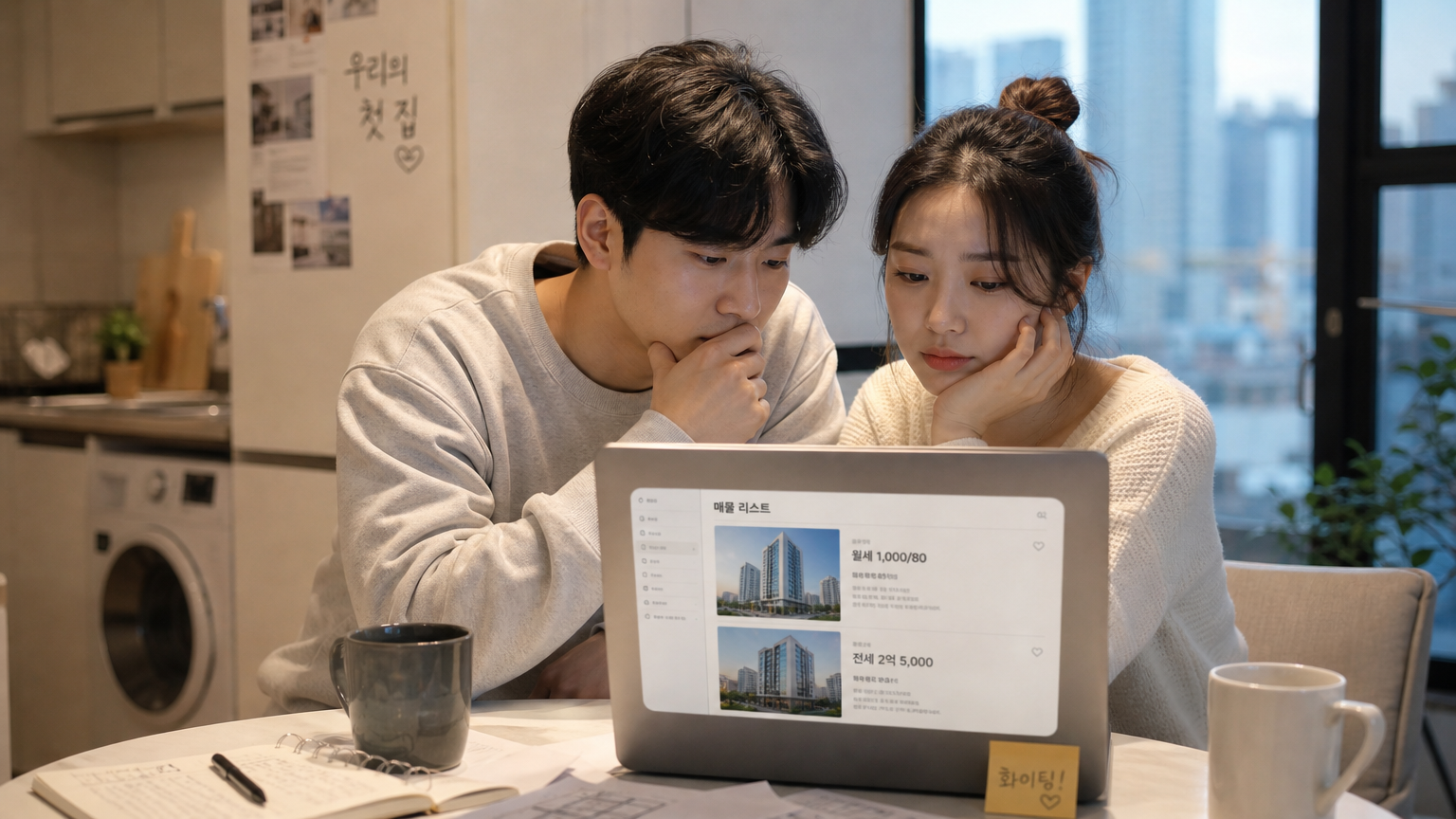 부동산 목록을 보는 젊은 커플