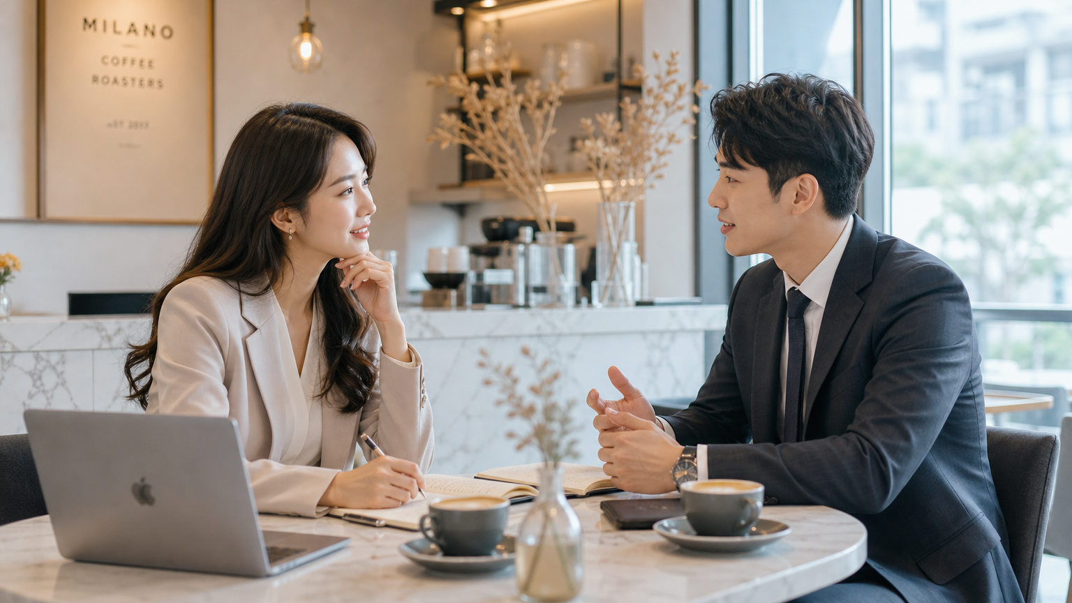 카페에서 경력을 논의하는 전문직 남녀