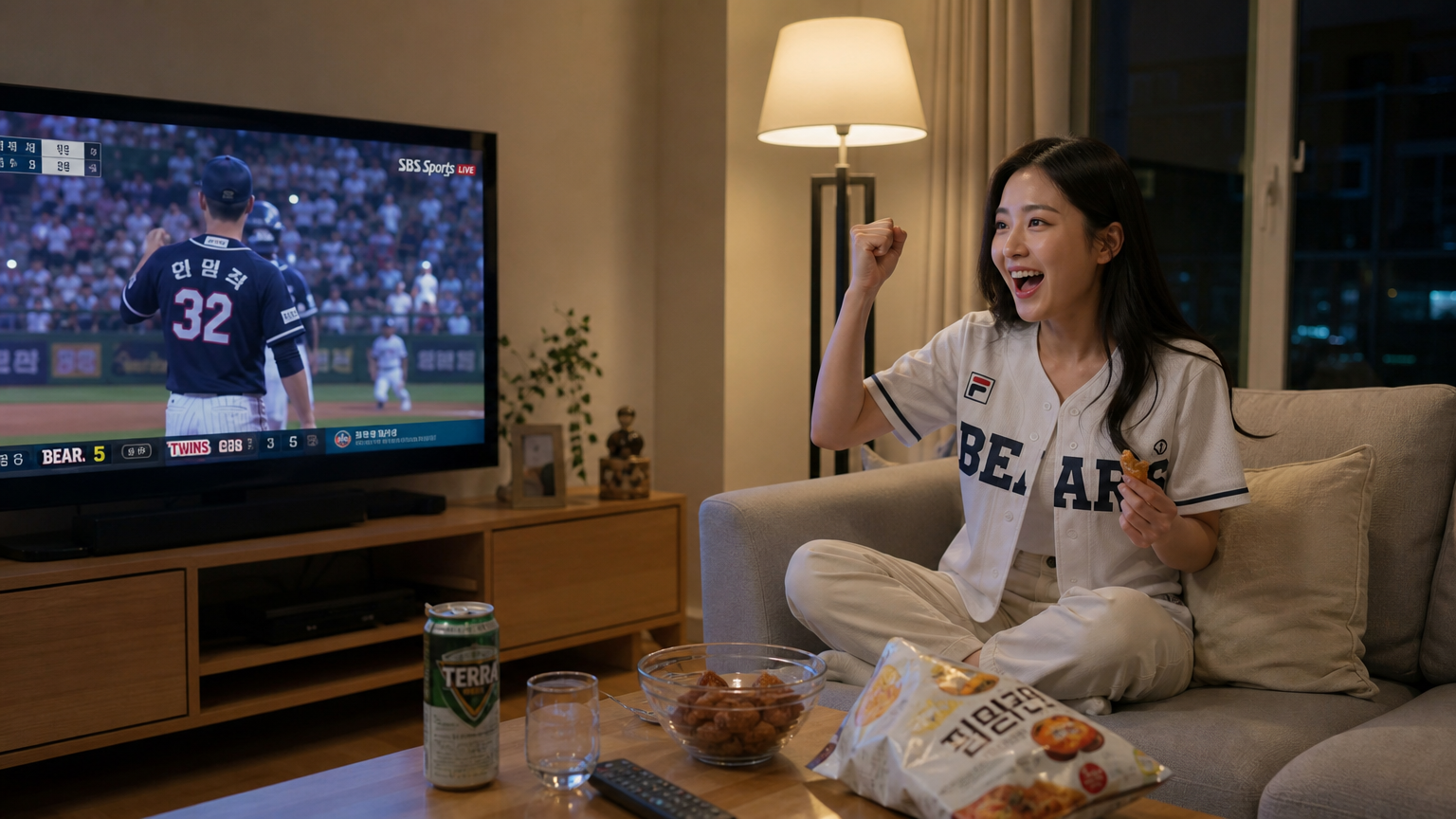 저녁에 거실에서 TV로 야구 경기를 즐기는 여성의 모습