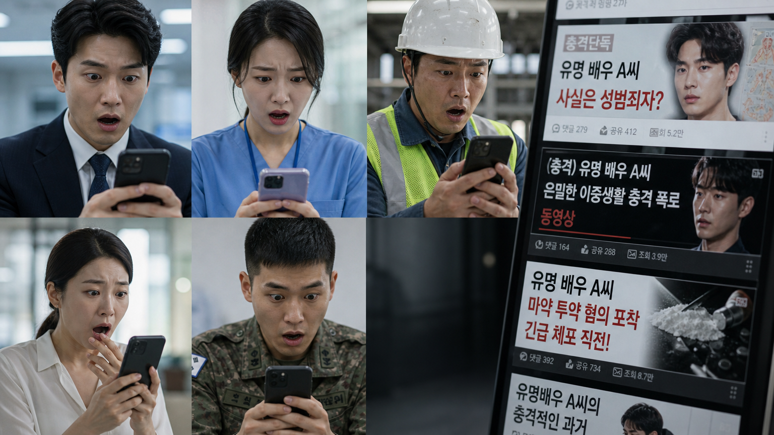 스마트폰으로 연예인 관련 음모론과 가짜 뉴스를 보고 놀라는 다양한 직업군의 한국 사람들