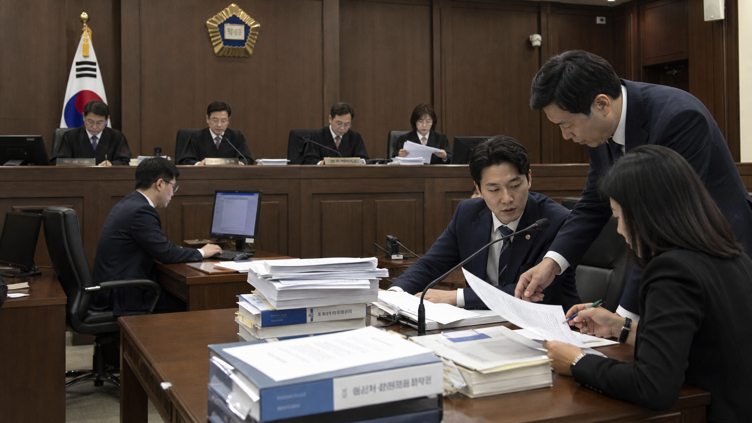 연예인을 향한 온라인 명예훼손 사건을 다루는 법정에서 서류를 검토하는 변호사와 판사들