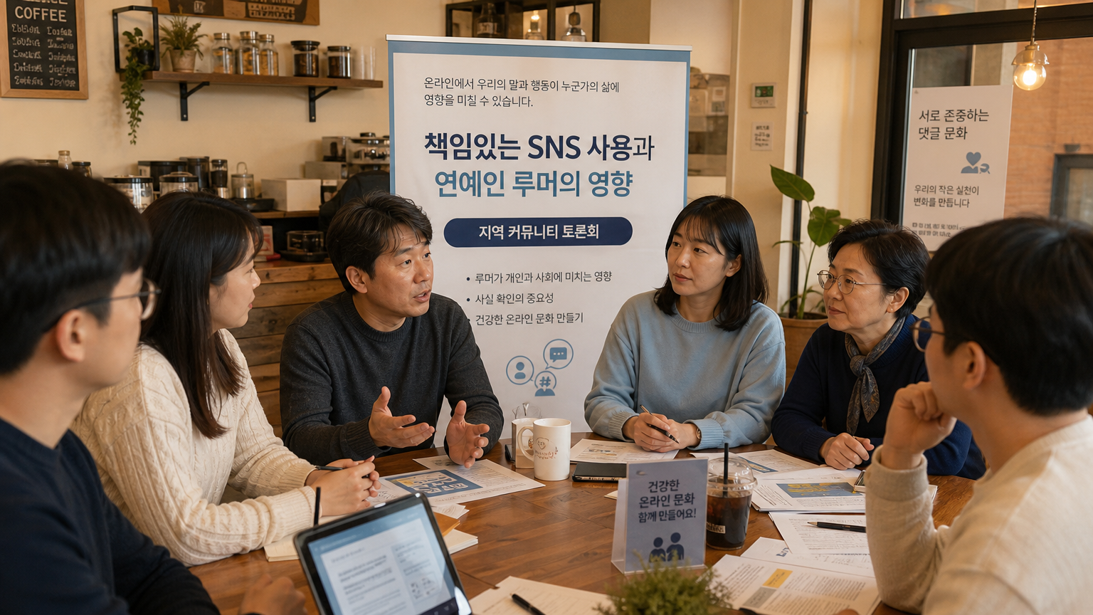 카페에서 소셜 미디어 사용과 루머의 영향에 대해 토론하는 성인들의 모습