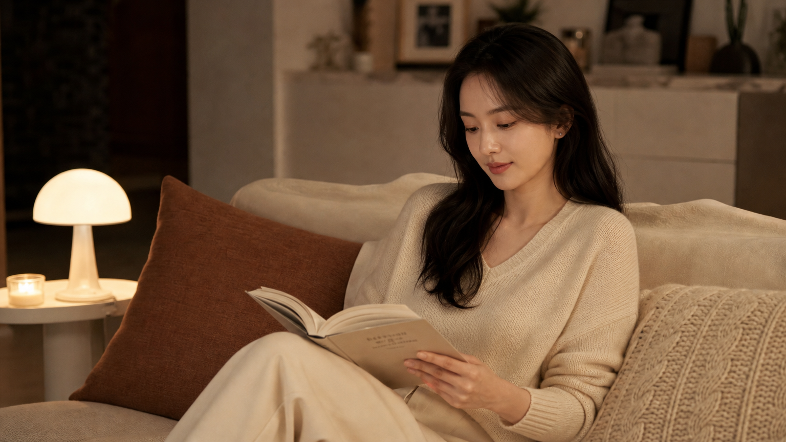 아늑한 거실에서 책을 읽으며 휴식을 취하는 현대 여성의 모습