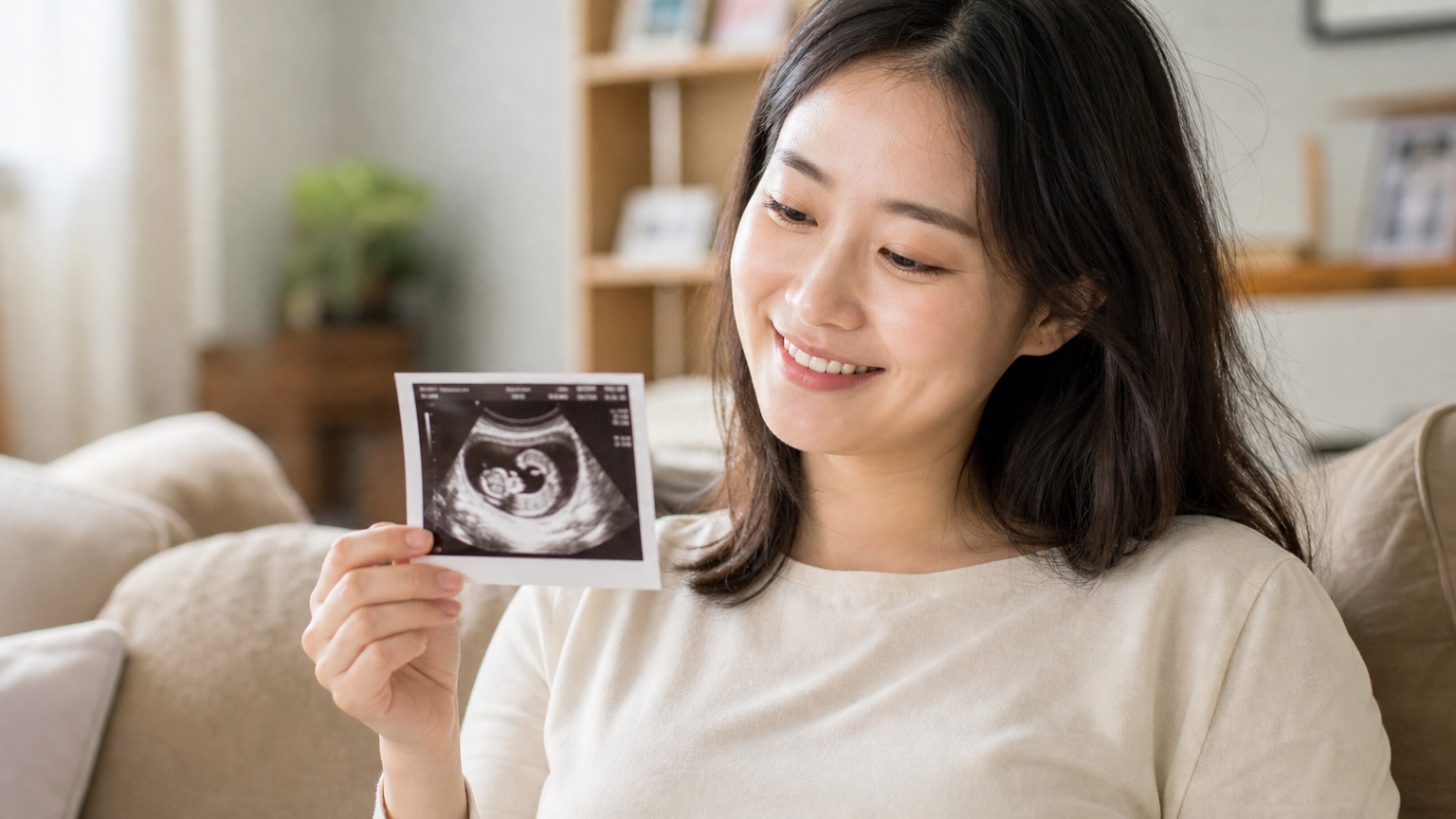 초음파 사진을 들고 있는 기쁜 표정의 여성이 집 안에 앉아 있는 모습