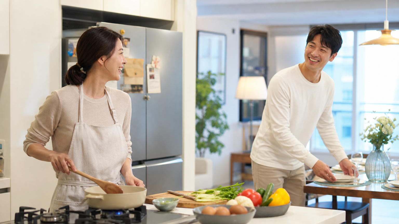 밝은 주방에서 요리하며 식탁을 준비하는 부부가 함께 웃고 있는 장면