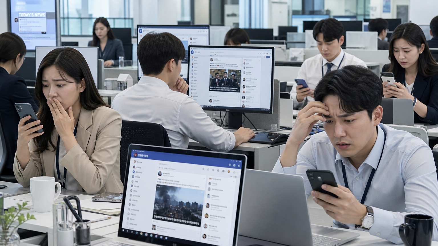 현대식 사무실에서 스마트폰과 노트북으로 소셜 미디어를 보는 직장인들