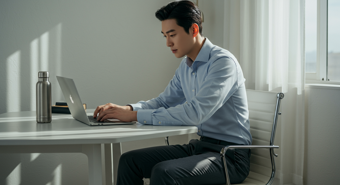 사무실 책상에서 바른 자세로 물병 옆에 앉아 있는 남성