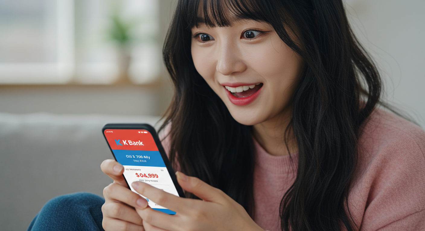 한국인이 스마트폰으로 케이뱅크 계좌 개설 후 입금 알림을 받는 모습
