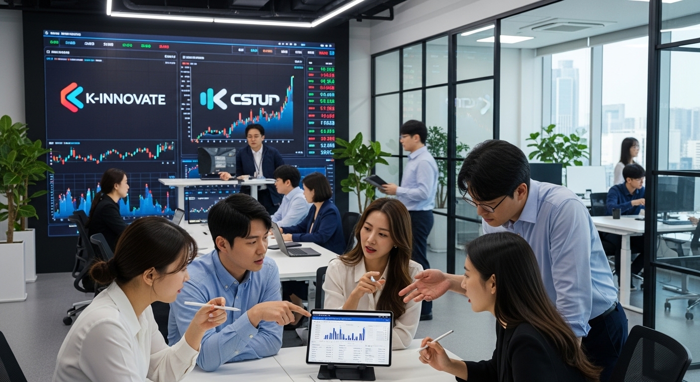한국 기술 전문가들이 대규모 인수 거래를 논의하는 현대적 오피스 풍경, 디지털 스크린에 주식 시장 트렌드와 회사 로고 표시.