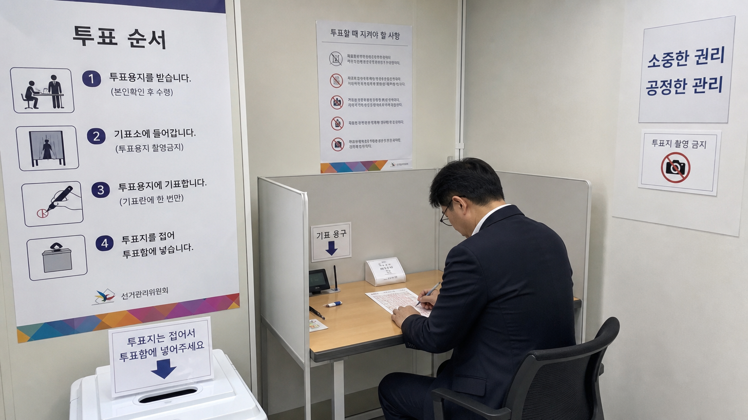 한국 투표 부스 내부에서 투표지를 작성하는 유권자의 모습