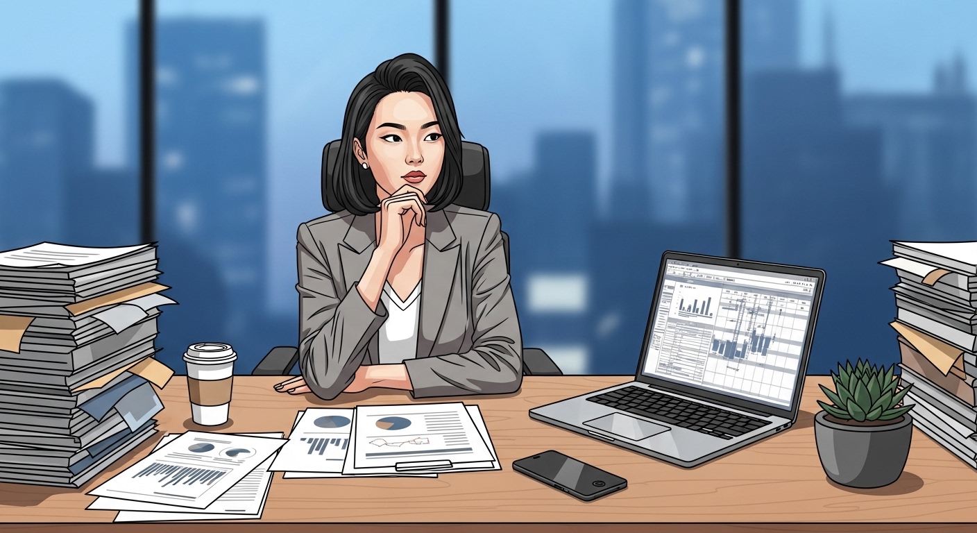 젊은 사업가가 사무실 책상에서 서류와 노트북에 둘러싸여 고민하는 모습