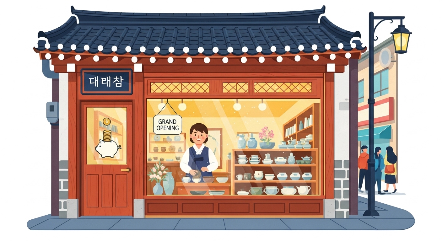 서울의 작은 가게 주인이 상품을 정리하며 운영 자금의 중요성을 보여주는 장면