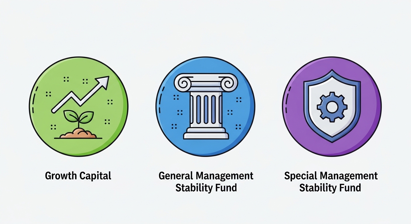 성장기반자금, 일반경영안정자금 및 특별경영안정자금을 상징하는 세 가지 아이콘