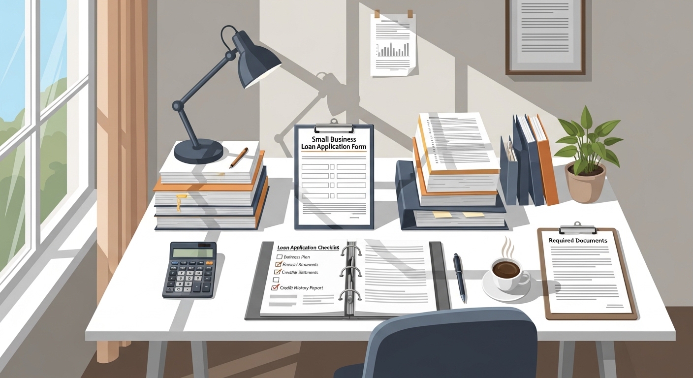 잘 정돈된 문서와 체크리스트가 있는 작업 공간에서 대출 신청 준비를 하는 모습