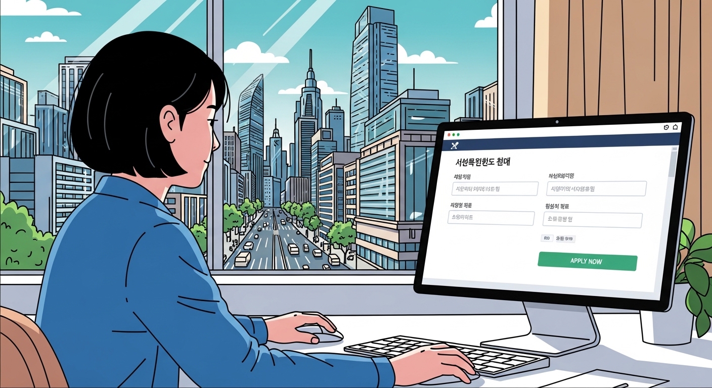 현대적인 도시 풍경이 보이는 창문 앞에서 컴퓨터로 온라인 포털을 통해 소상공인 자금을 신청하는 모습