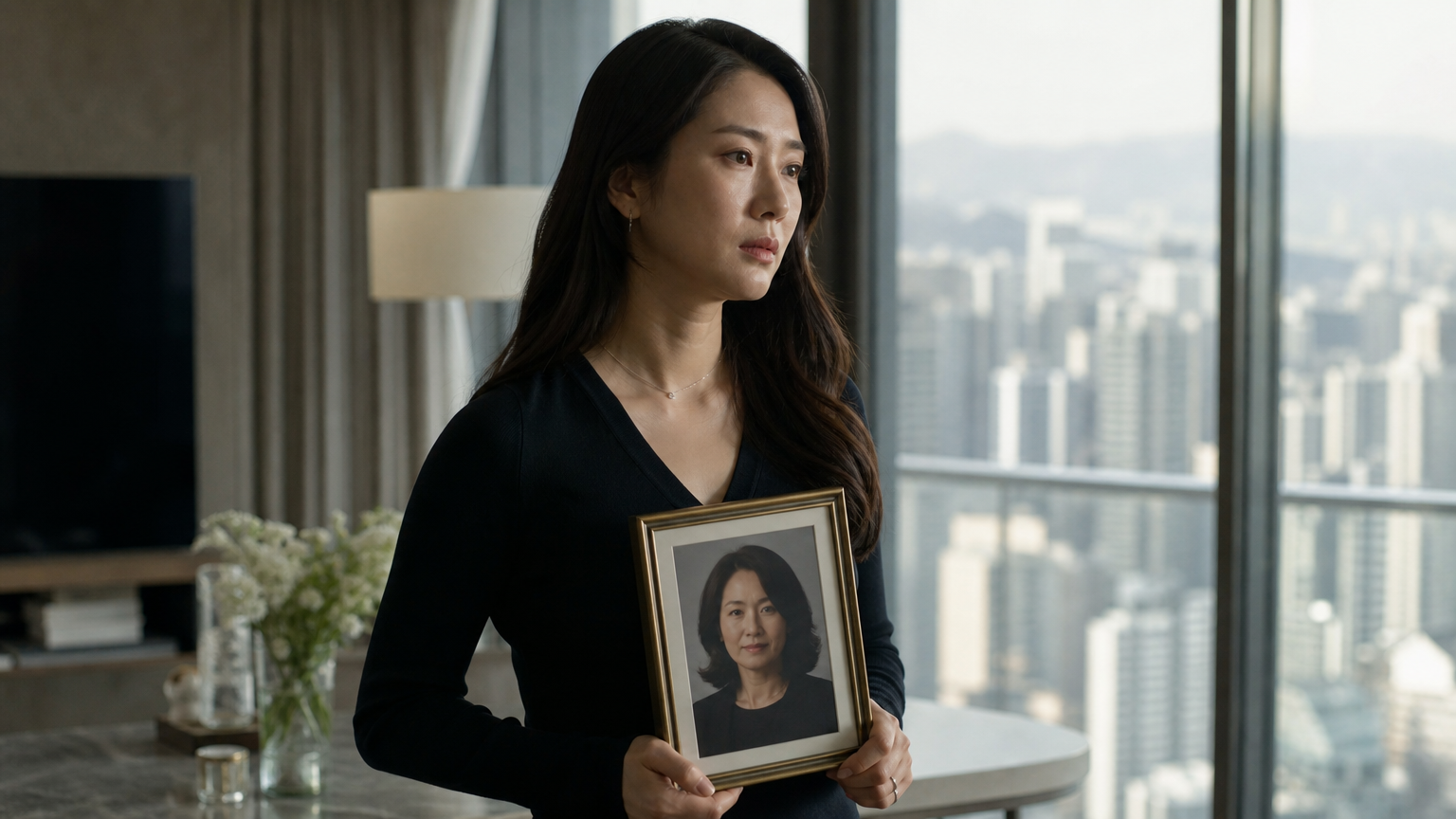 배우가 현대적인 아파트에서 창문 너머 도시를 바라보며 어머니 사진을 들고 있는 모습