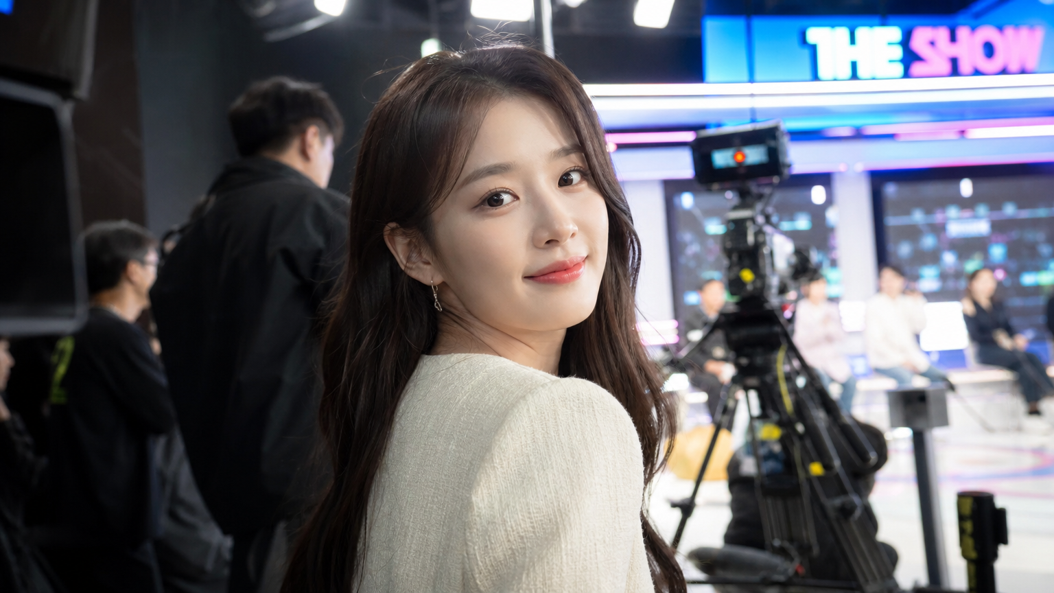촬영장에서 카메라와 스태프들 사이로 환하게 비추는 조명 아래 서 있는 젊은 배우