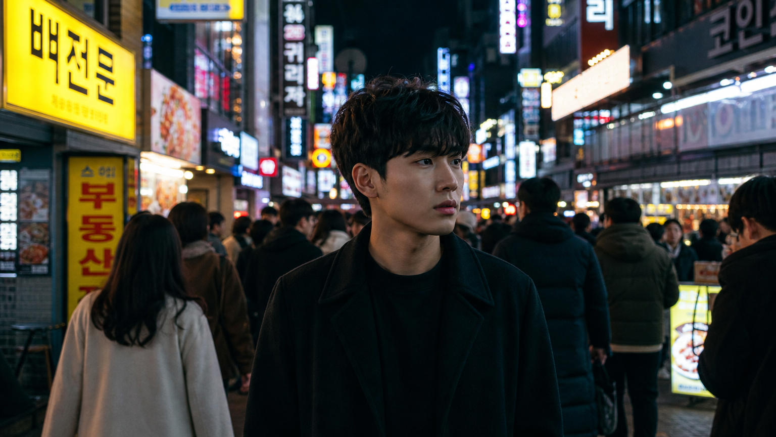 번화한 서울 거리에서 혼자 걷고 있는 남성의 모습