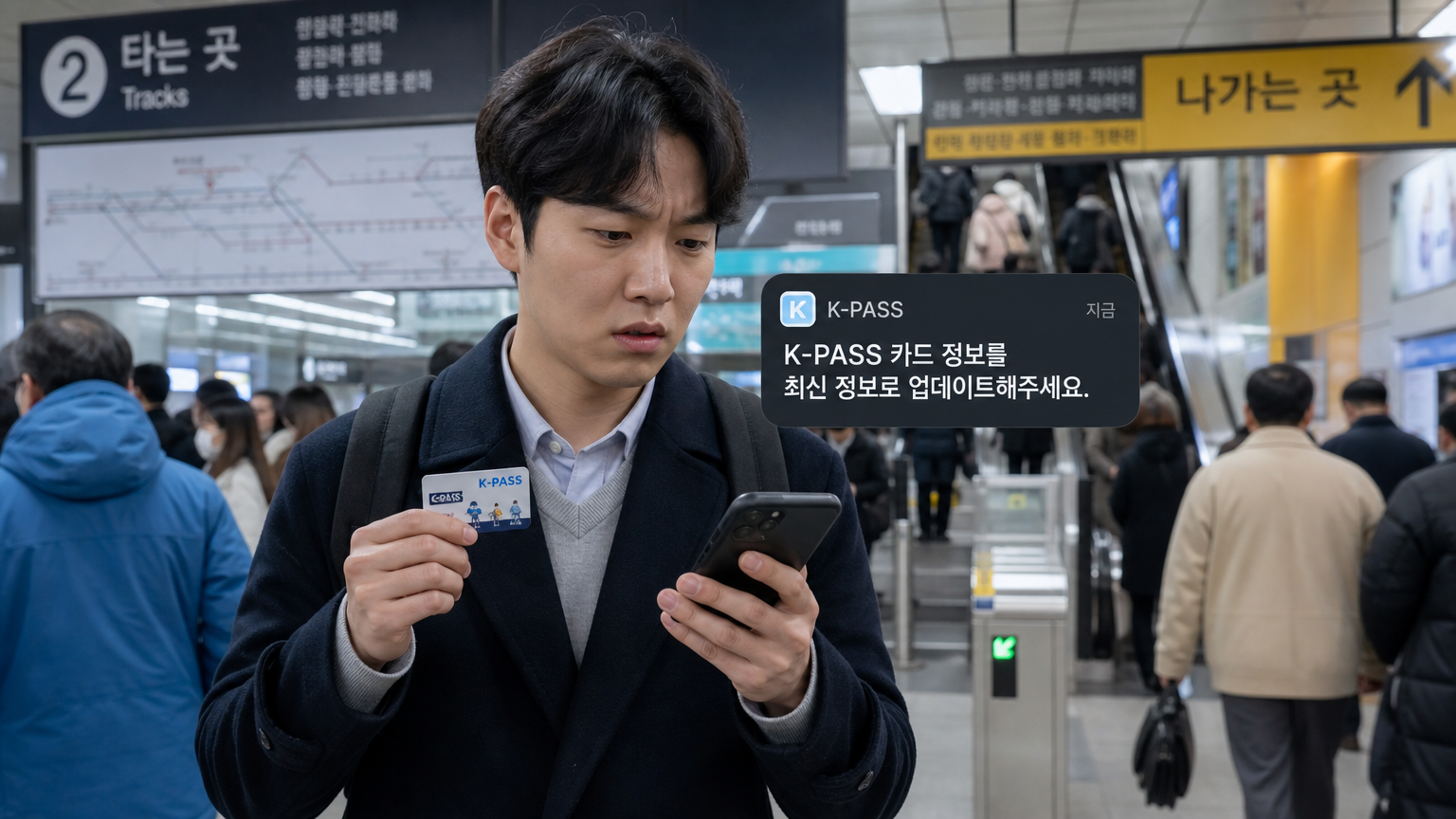 서울 지하철역에서 스마트폰을 보며 K-패스 카드 업데이트 알림을 확인하는 모습