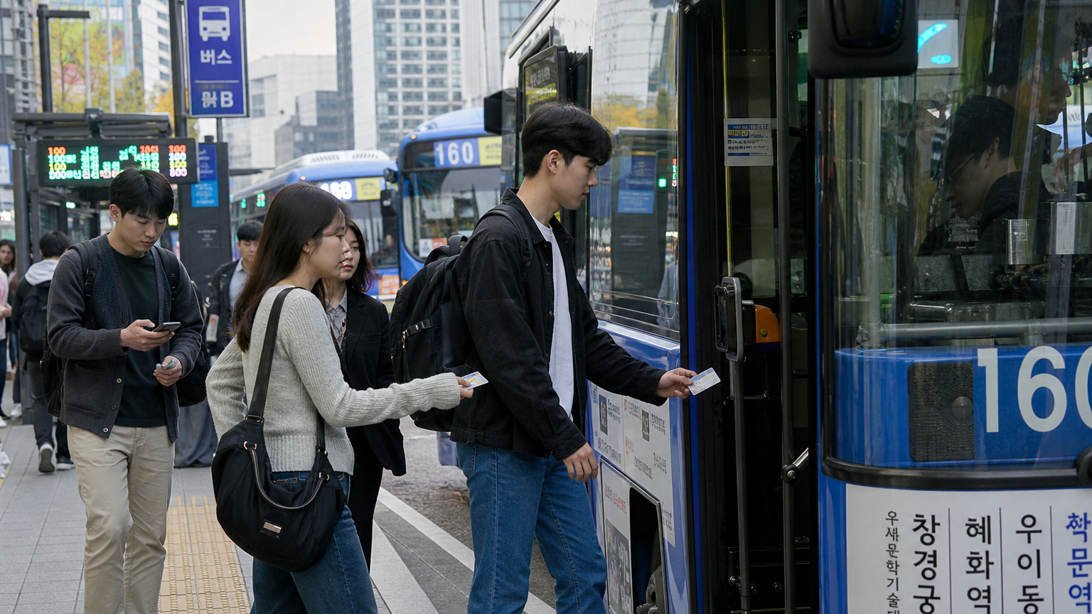 서울 시내에서 교통카드를 이용해 버스를 타는 사람들