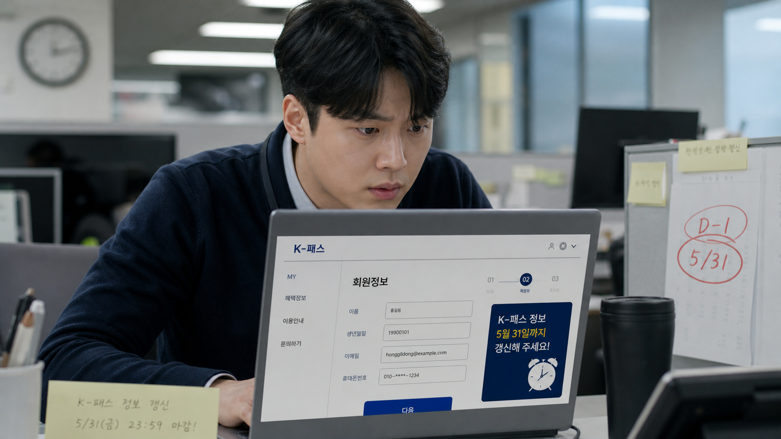 사무실 책상에서 컴퓨터를 통해 K-패스 정보를 갱신하는 직장인