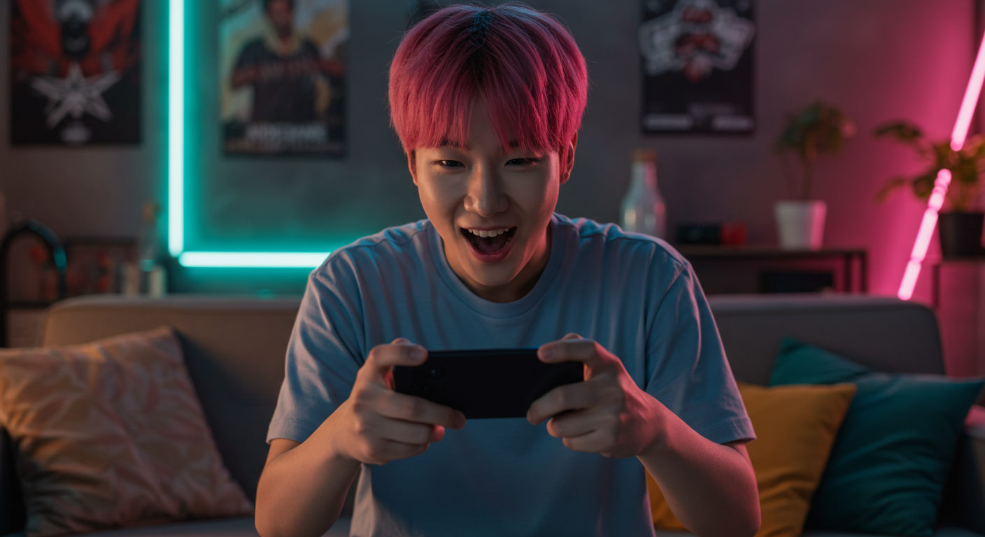 현대적인 거실에서 스마트폰으로 모바일 게임을 즐기는 젊은 게이머의 활기찬 모습