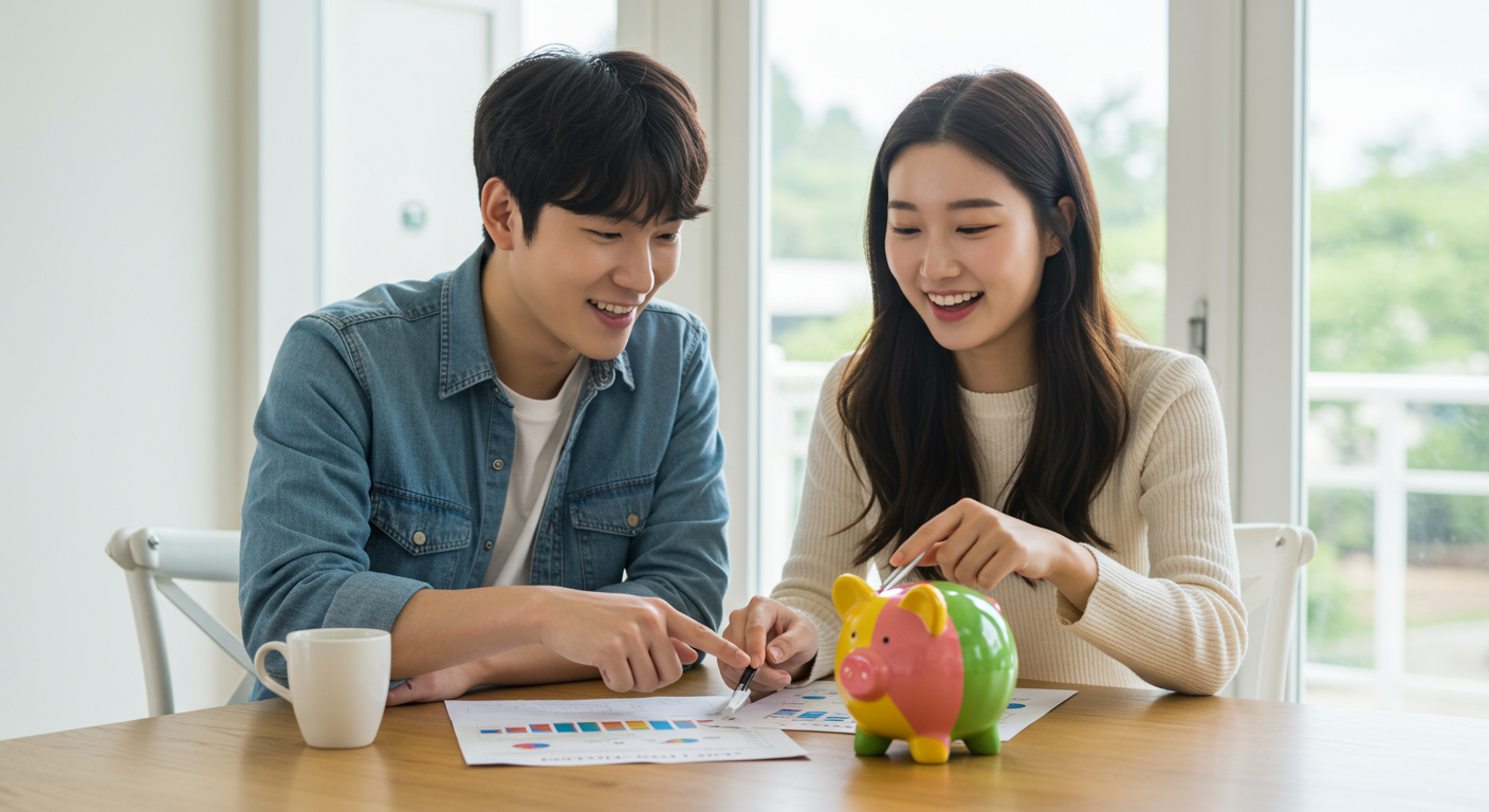 돼지저금통과 저축 차트를 보며 기뻐하는 한국인 커플
