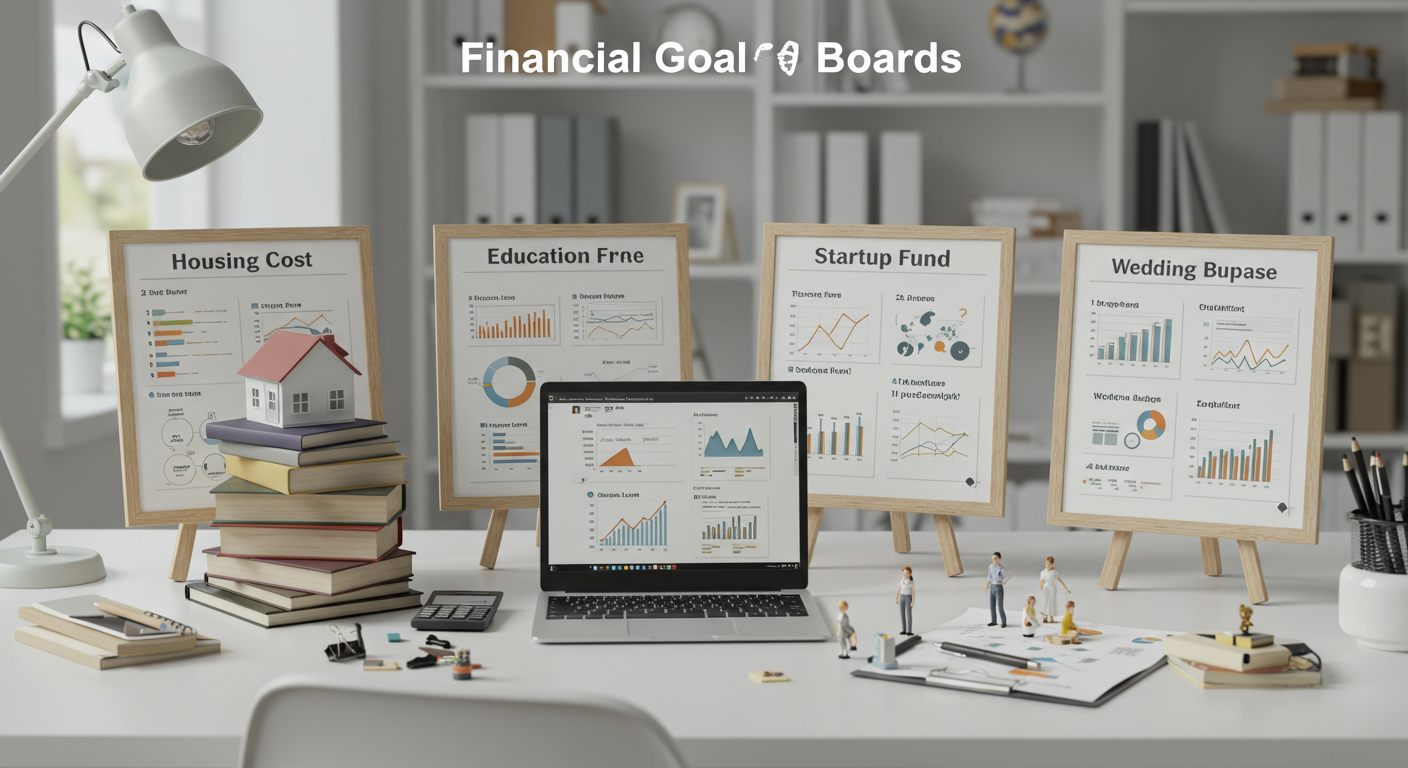 주거비, 교육비, 창업자금 등의 목표 게시판이 있는 정리된 작업 공간