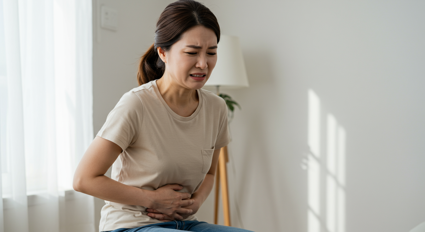 소화 문제로 고통받고 있는 여성의 실내 모습