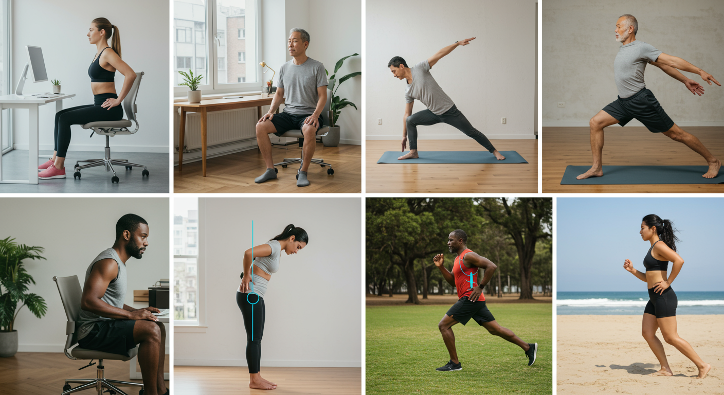 올바른 앉기와 서기 자세를 보여주는 다양한 이미지 시리즈