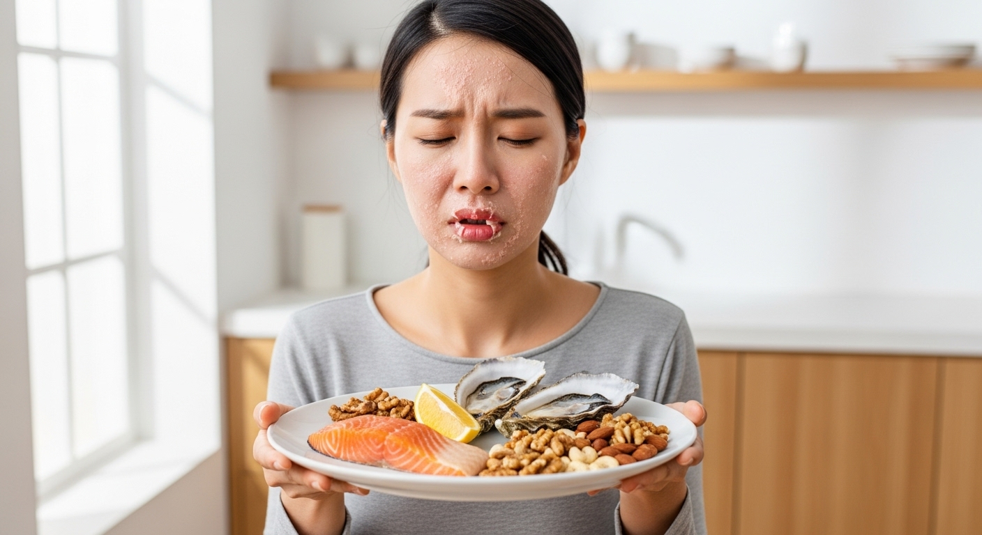 연어와 견과류로 피부 건강을 관리하는 모습