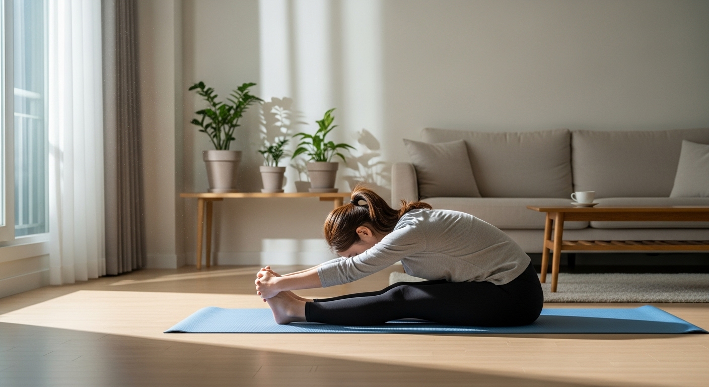 집에서 요가 매트를 깔고 스트레칭 중인 여성의 편안한 분위기