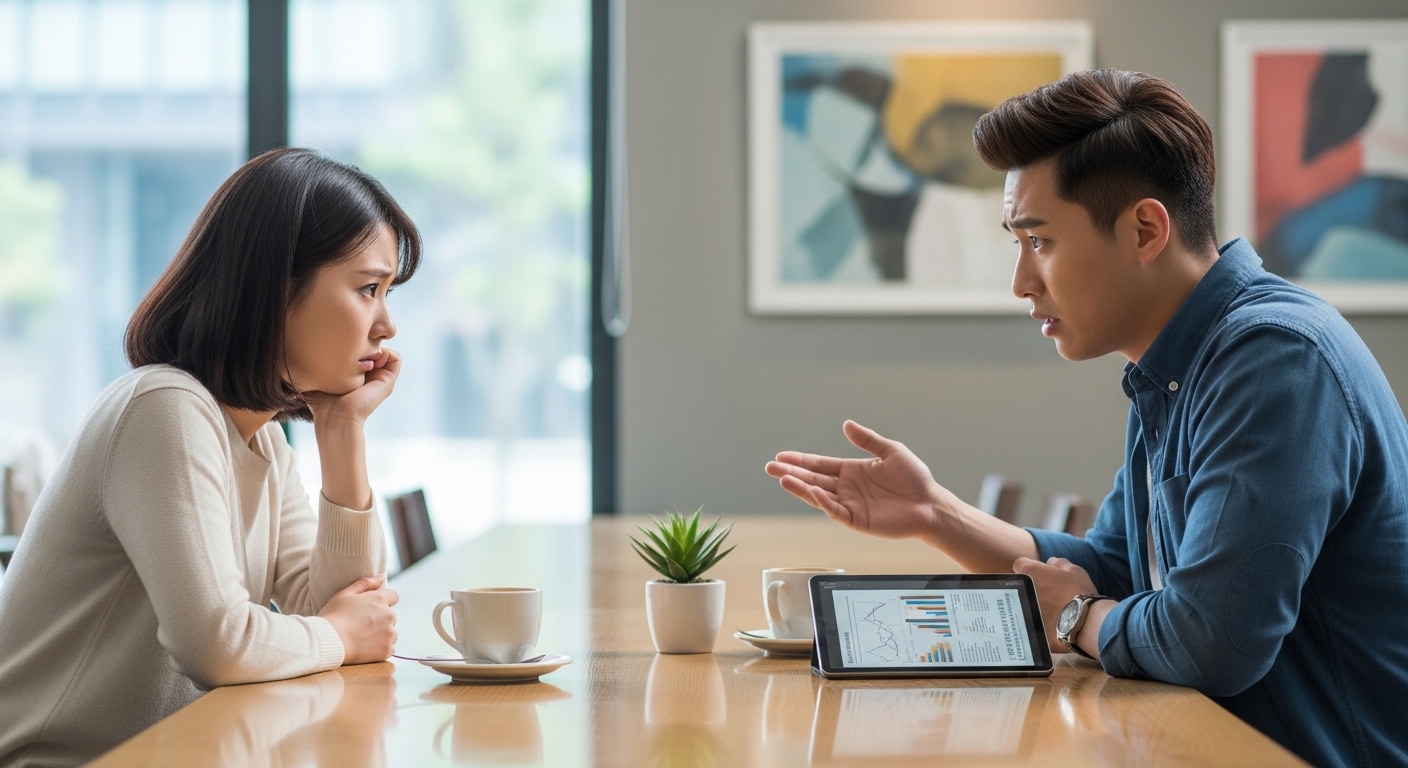 현대적인 카페에서 건강 이야기를 나누며 걱정스러운 표정을 짓고 있는 20대 남녀