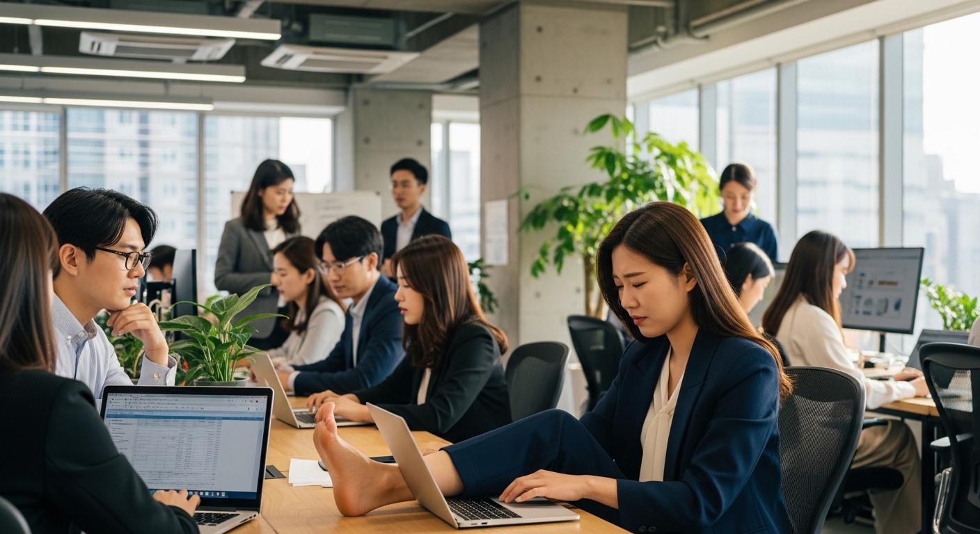 오피스 공간에서 일하는 20~30대 직장인 그룹 중 한 명이 발을 은밀히 감싸고 있는 모습