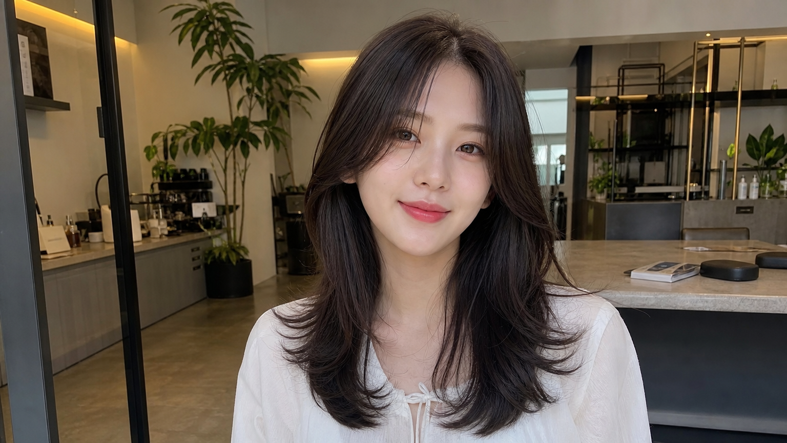 현대적인 미용실에서 부드러운 끝 처리가 돋보이는 긴 레이어드컷을 한 여성