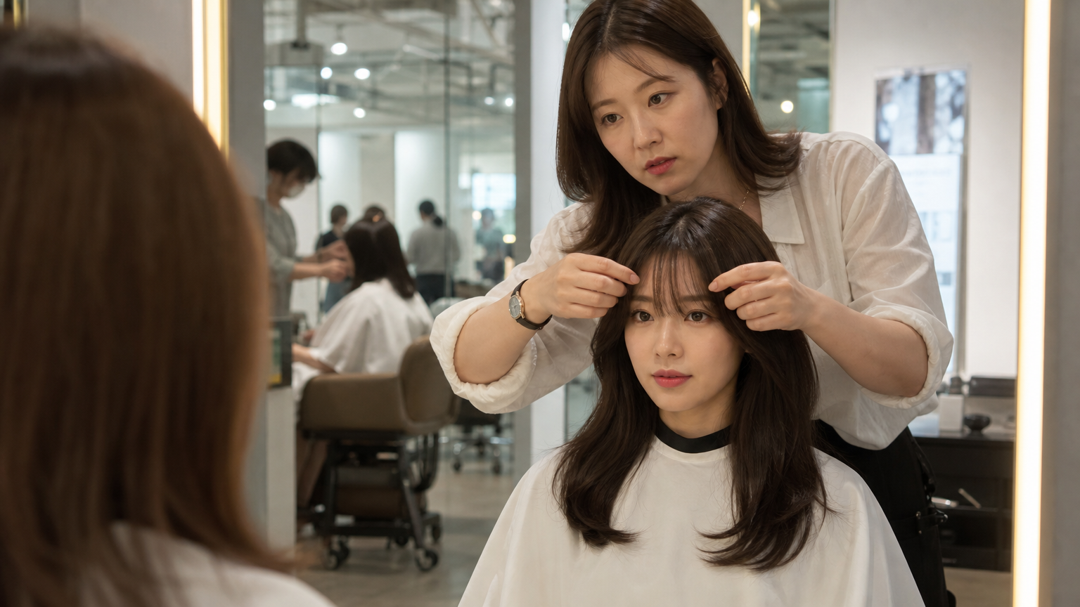 고객의 얼굴형에 맞게 앞머리를 손보고 있는 한국인 미용사