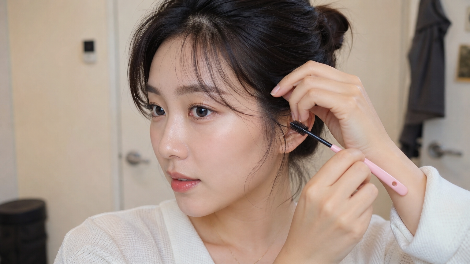 자연스러운 룩을 위해 얼굴 주변 잔머리를 스타일링하는 여성