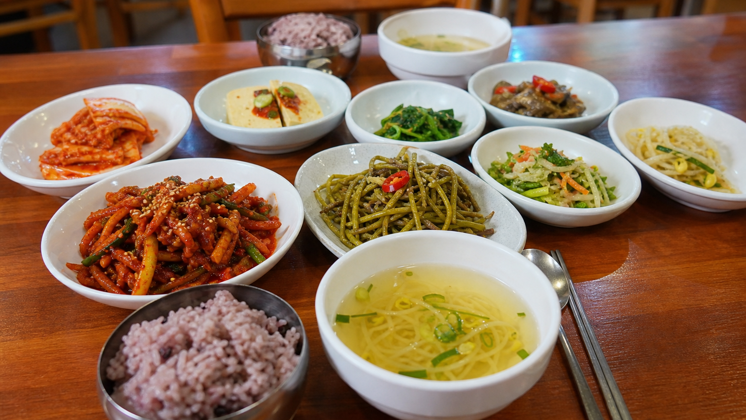 다양한 반찬과 함께 차려진 한국 여름철 밥상