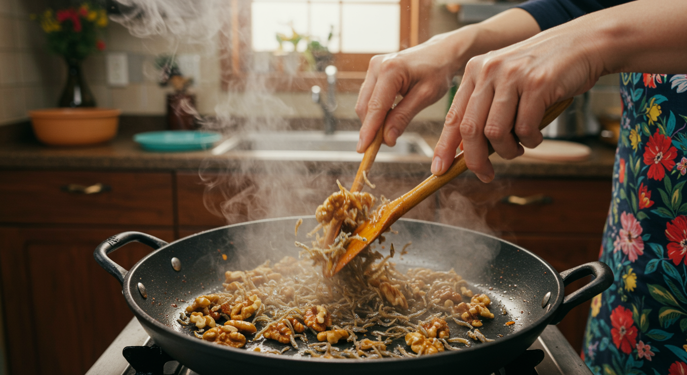 한국 주방에서 손으로 호두와 잔멸치를 볶으며 김이 나는 장면