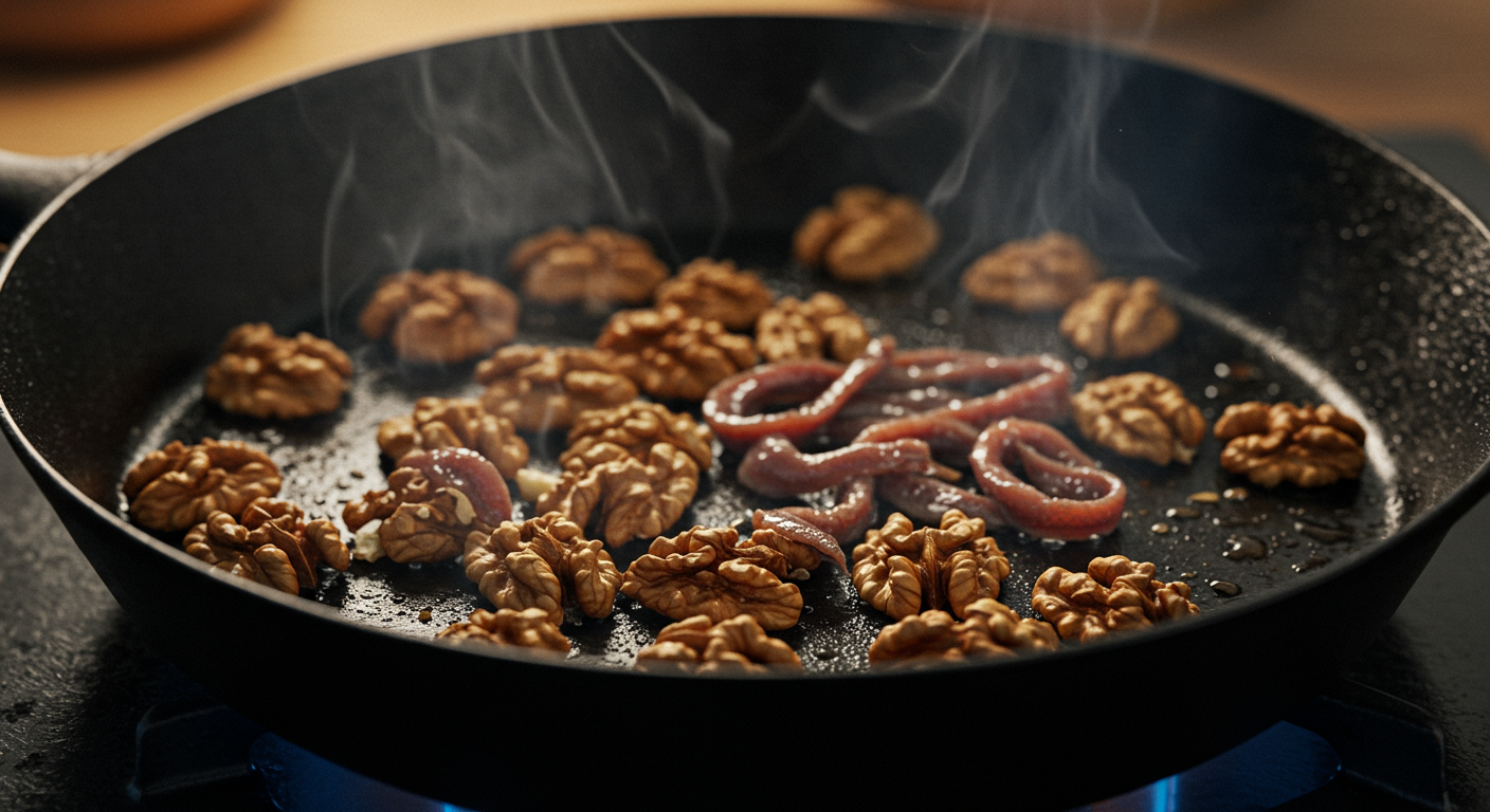 팬에서 갈색으로 변하며 익어가는 호두의 모습