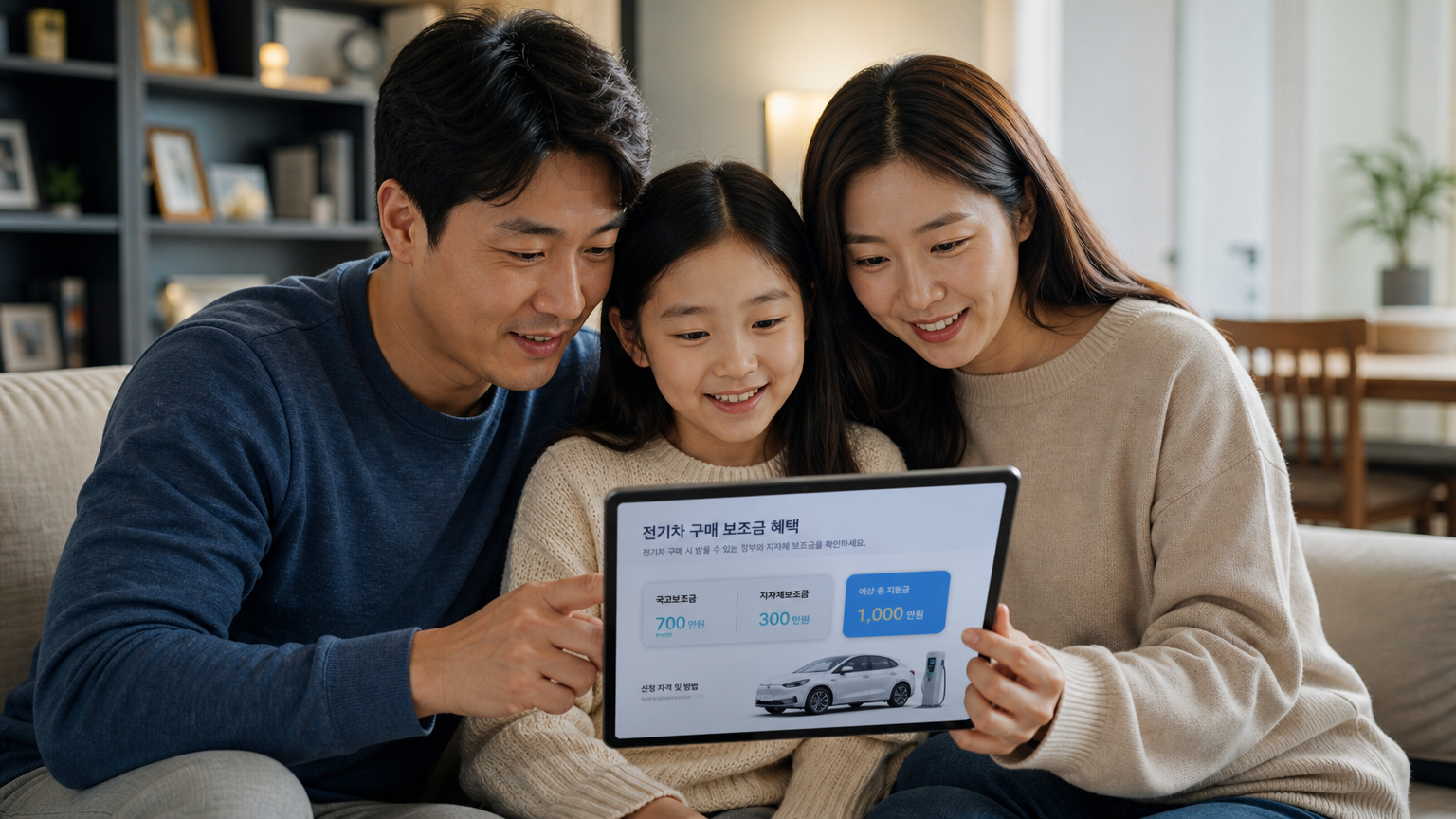 가정에서 전기차 구매 인센티브를 확인하는 가족의 모습